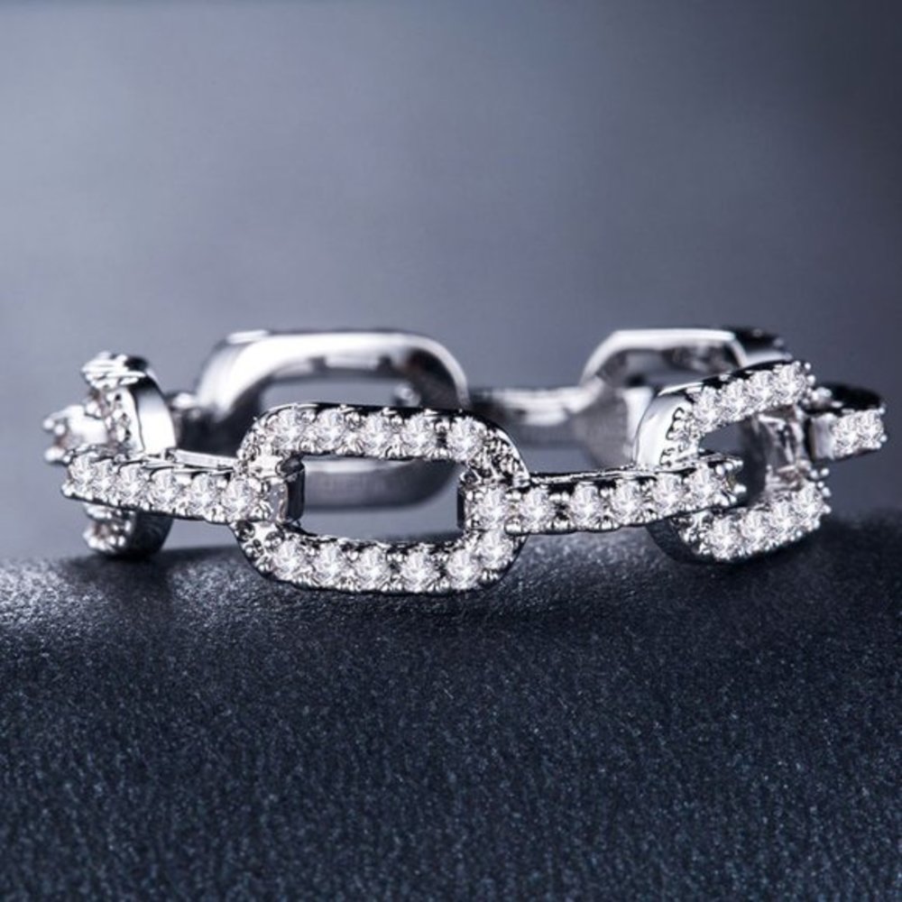 New Sterling Silver White Sapphire Chain Link Ring